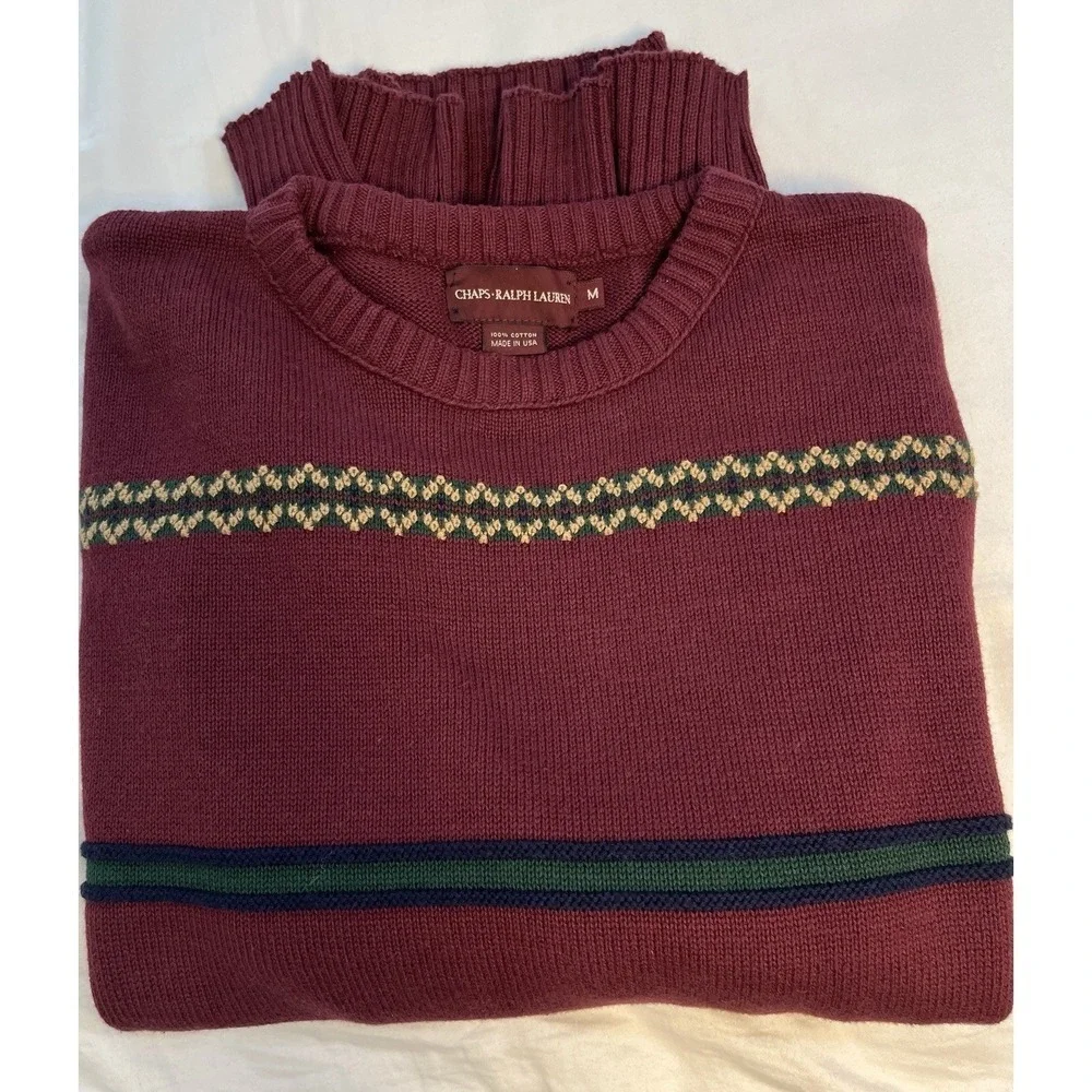 Vintage Chaps Ralph Lauren Sweater Mens M Burgundy Striped Cotton Preppy USA